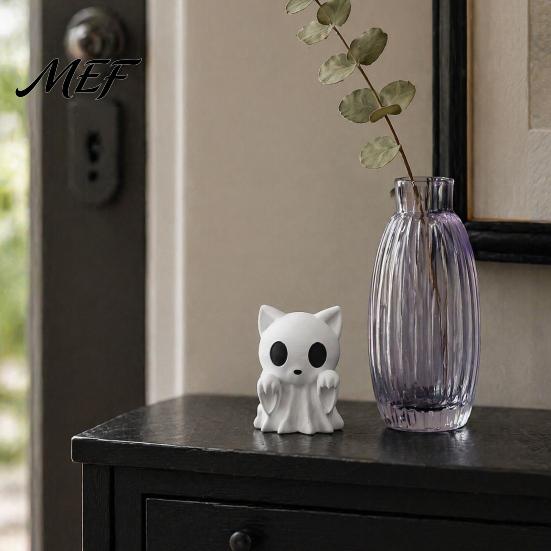 Handmade Graffiti Toy Halloween Ghost Cat Statue, 3D Printed Ornament, White DIY Painted Figurine Cute for Home Office Desk Decoration Craft Kit