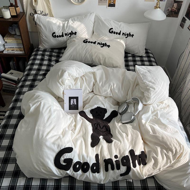 

Комплект постельного белья Ins с рисунком плюшевого мишки, вышитое хлопковое полотенце, однотонная простыня, студенческий комплект пододеяльников для общежития 150x200 3pcs