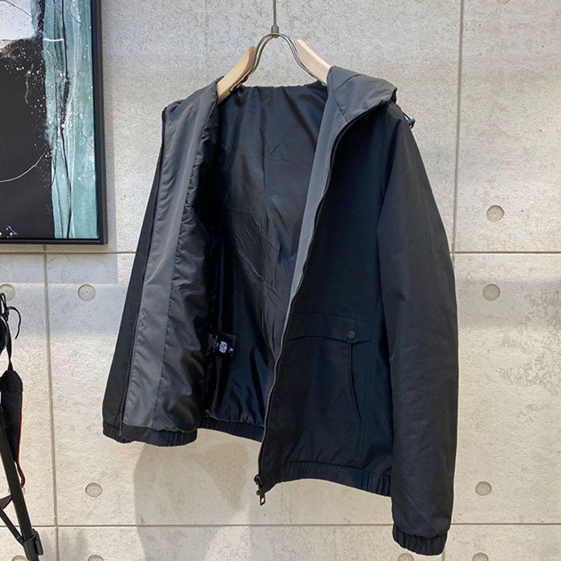 Men's Trendy Korean-Style Hooded Workwear Jacket - Slim, Solid Color, for Spring & Autumn