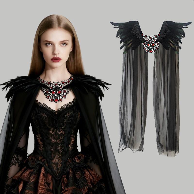 Halloween Tulle Shawl Rhinestone Skull Black Feather Cape Carnival Party Cosplay Costume