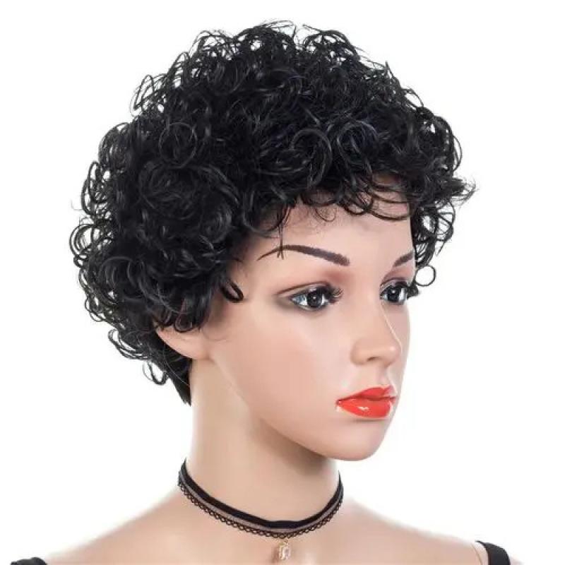 Synthetische Damen-Perücke, flauschig, mit Pony, schwarze lockige Perücke für schwarze Frauen, tägliche Party, Cosplay, Verwendung hitzebeständiger Faserperücke