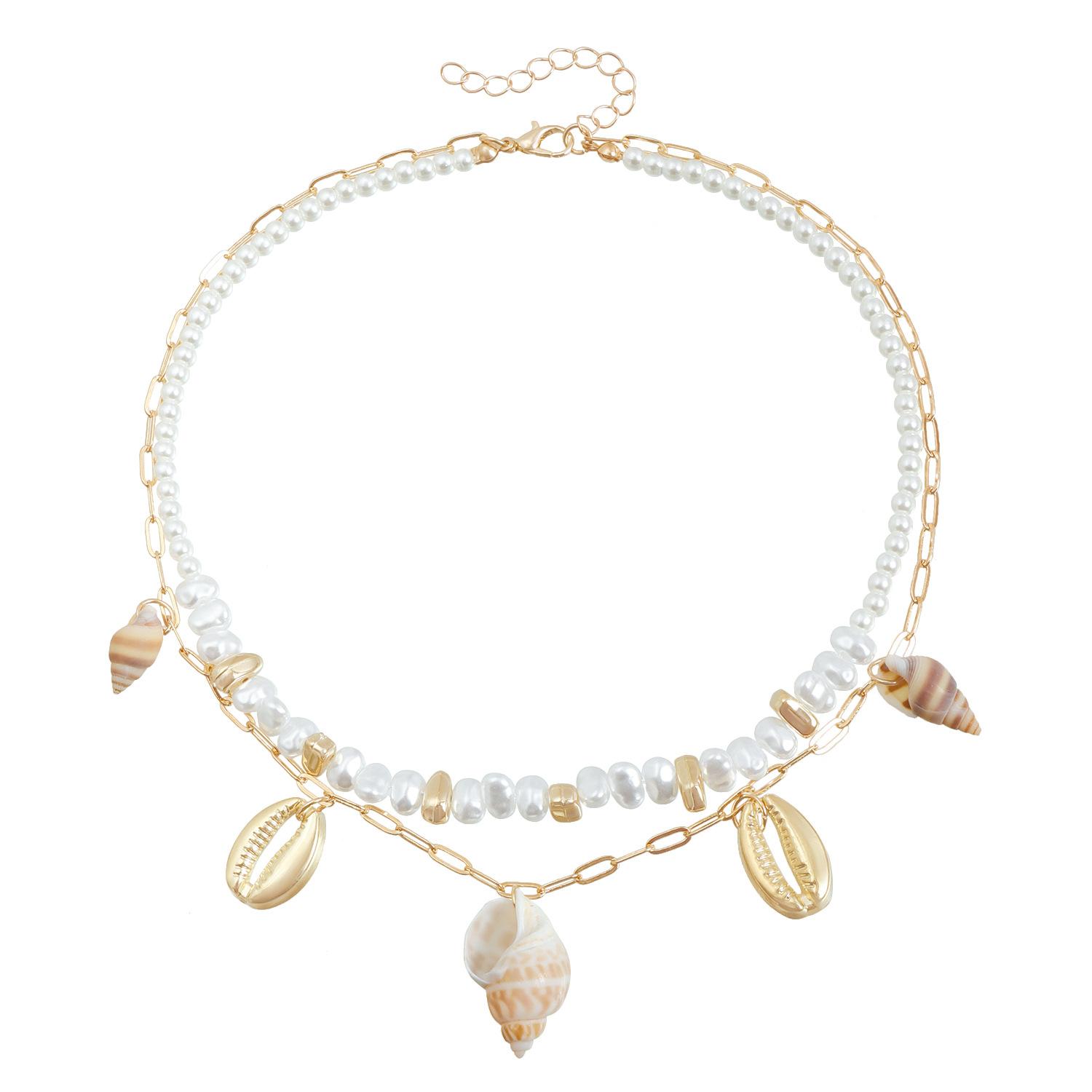 

European and American jewelry ins summer beach conch shell pearl splicing collarbone chain leisure vacation necklace women золотой
