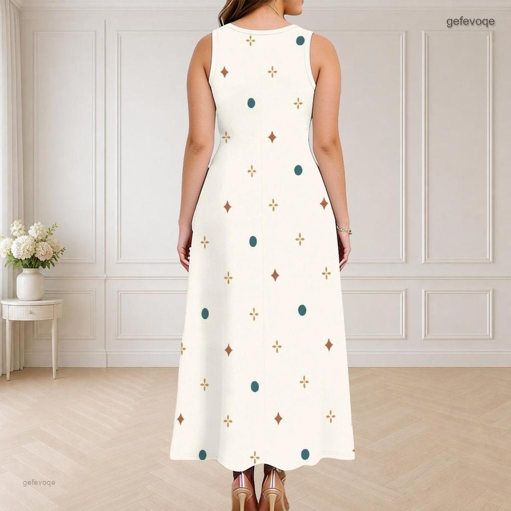 Women Plus Size Round Neck Triple Keyhole Cutout Sleeveless Printed Long Dress