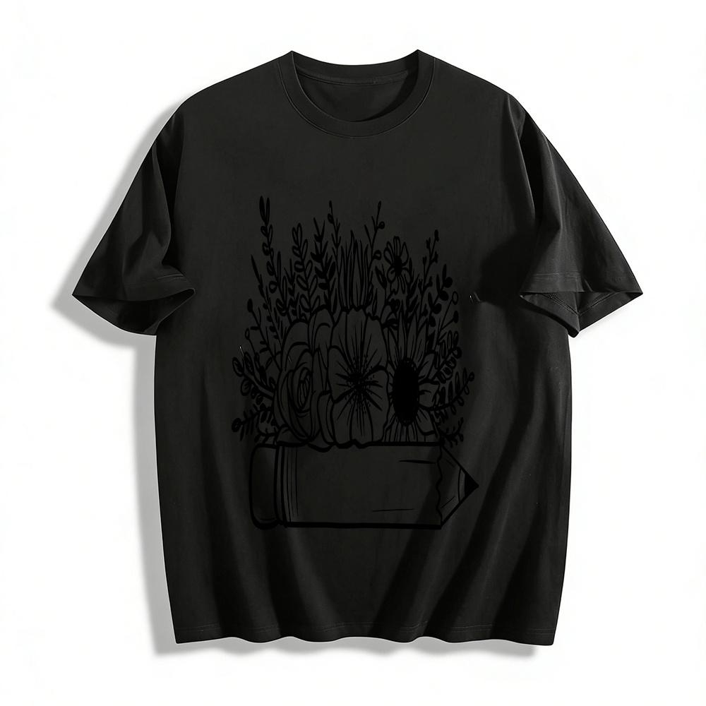

Floral Pencil Print Casual Top Artistic Botanical Graphic Tee Pure cotton T-shirt XXS