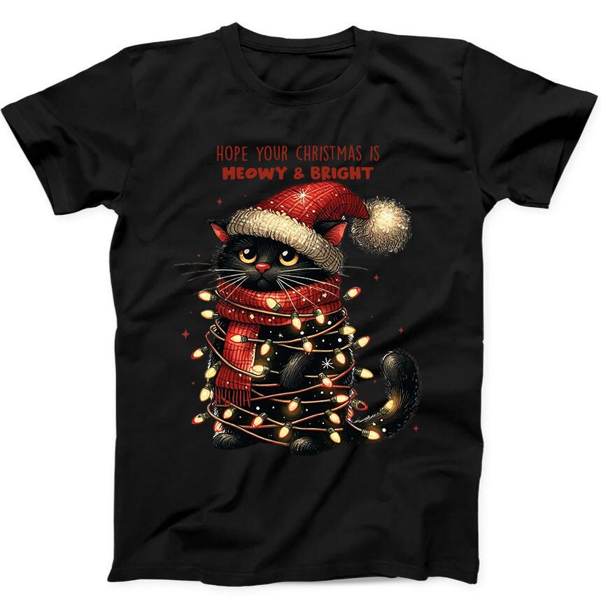 

Рождественские огни Черный кот Санта Мяукающий Яркий Смешной Подарок Черная футболка 239 M