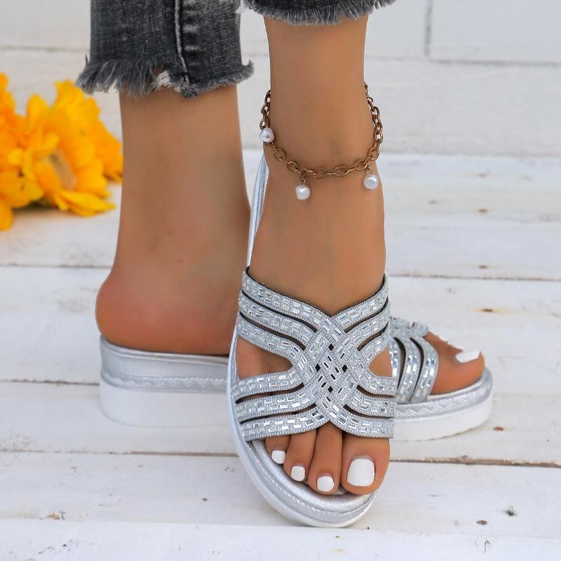 Women's Large Size Spring and Summer New Fashion Rhinestone High Heel Wedge Sandals Women's Muffin Platform Slipper
