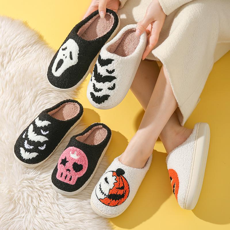 Winter Skull Print Halloween Plush Lined Warm Bag Toe Shoes Plush Home Indoor Cotton Slippers