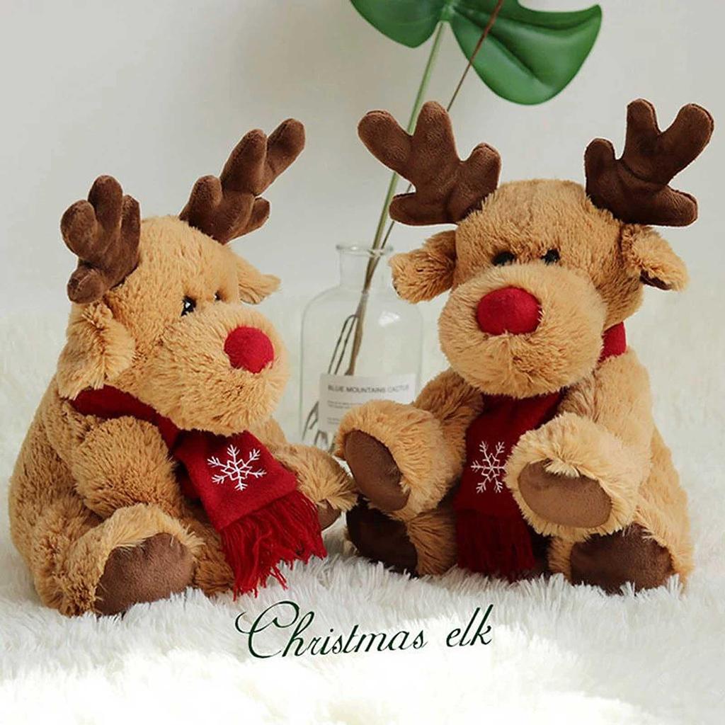 Cute, Fluffy Christmas Reindeer Plush Toy Cushion with a Red Scarf. Soft To the Touch. Perfect for Kids and Adults, Birthdays, Christmas, or As a