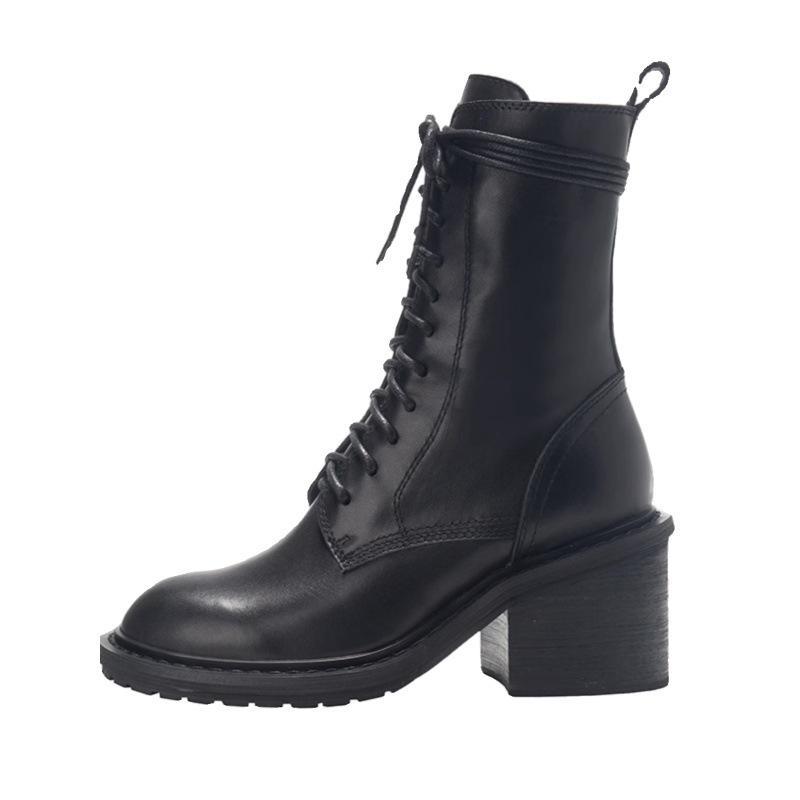 Cowhide Version~ Ann Martin Boots Women's 2025 Autumn and Winter New Versatile British Style Leather Locomotive Boots High-heeled Short Boots Women