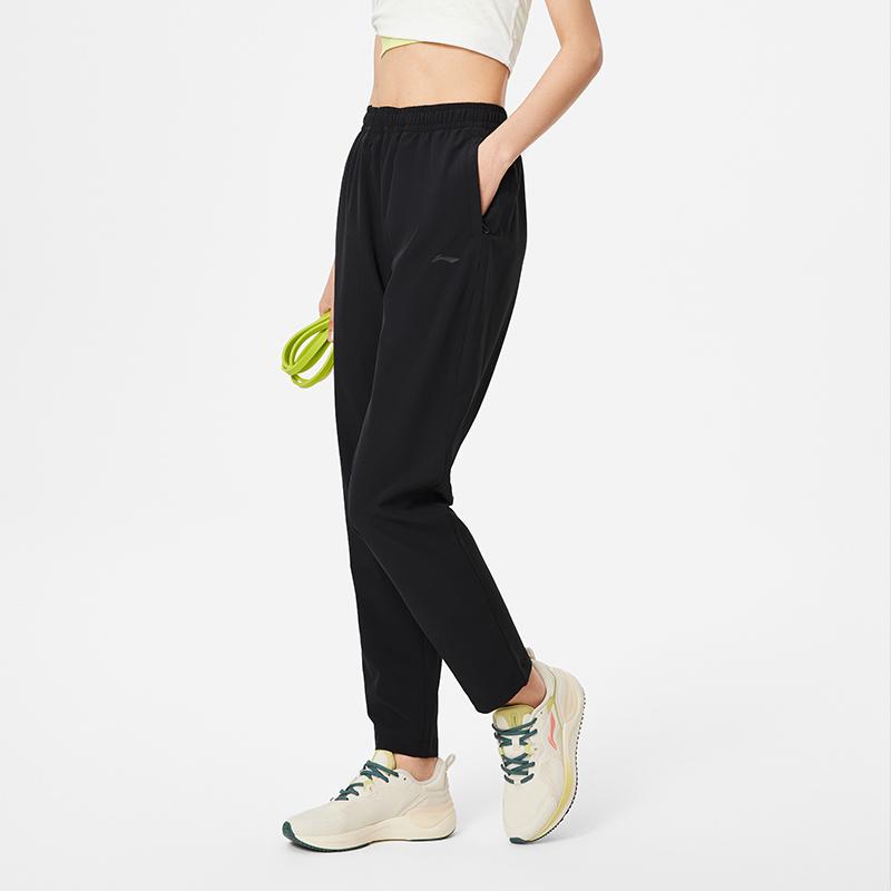 Li Ning Fitness Series Solid Color Moisture Wicking Quick Dry Straight Leg Knitted Sports Pants Women Pants Black AYKU468-1