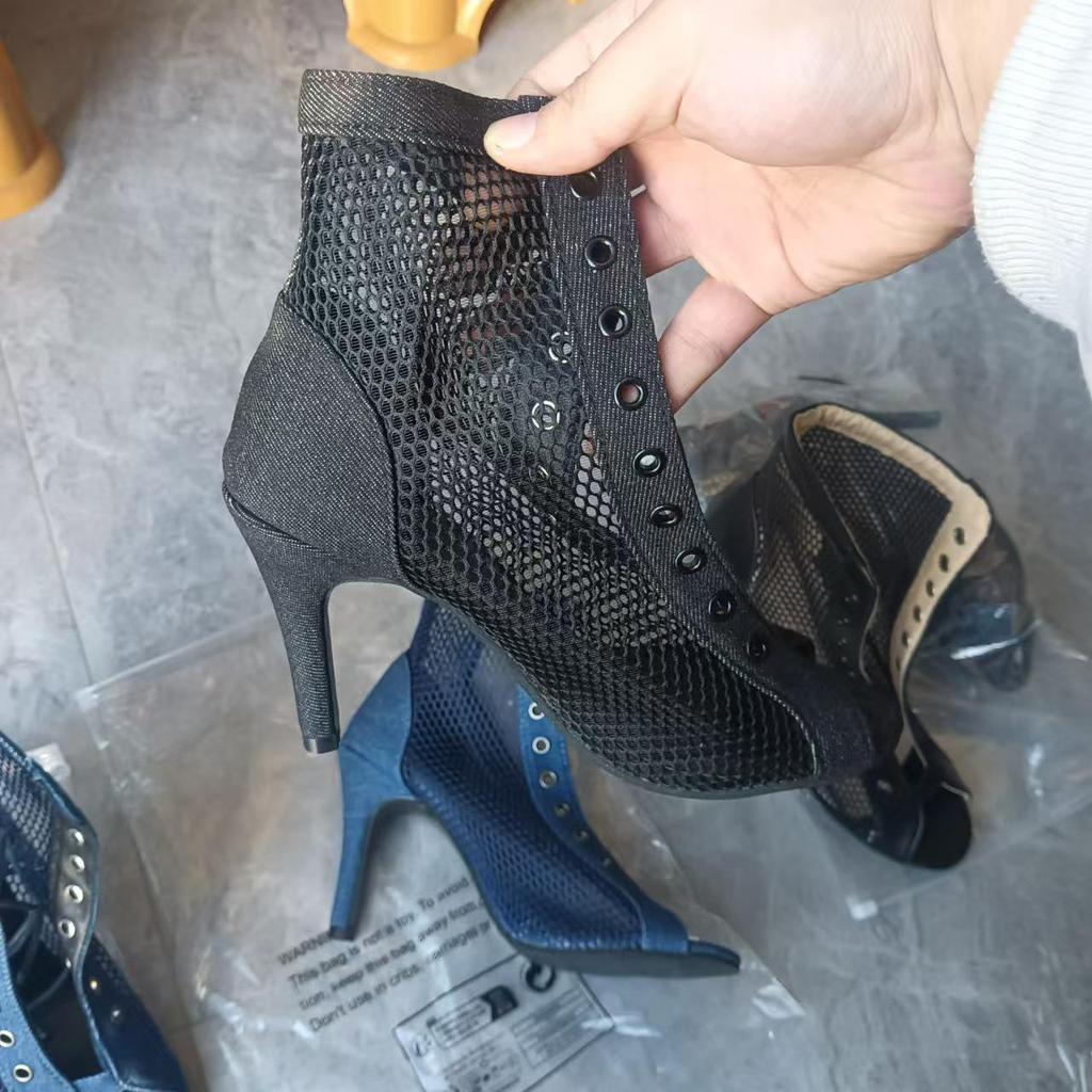 Sandale de damă cu toc înalt, cu șireturi, plasă peep-toe, mărimi mari, primăvară/vară 2024