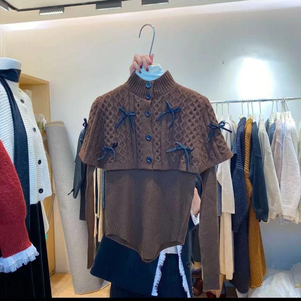 Maillard Style Women's Slim Fit Poncho Cape Bow Knitwear for Autumn/Winter