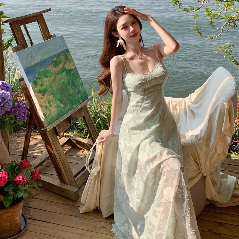 Mint Green Sleeveless Suspender Dress Women's Summer Seaside Vacation Wear Waist Beautiful Long Dress