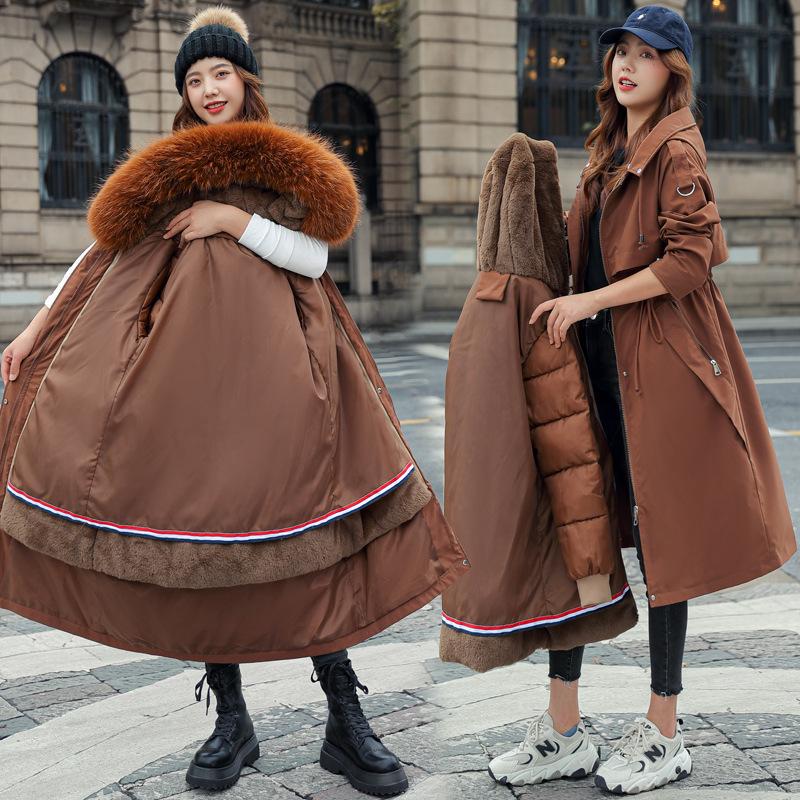 Winter Women's Plus Velvet Slim Fit Parka with Large Fur Collar Long Coat