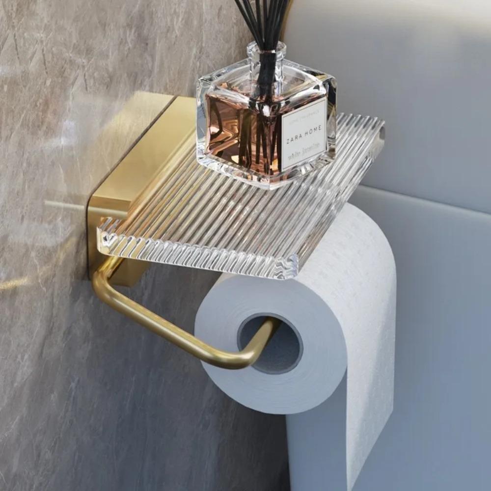 Luxury Gold Toilet Paper Holder with Shelf No Punching Acrylic Tissue Roll Hanger Bathroom Storage Organizer Accessories