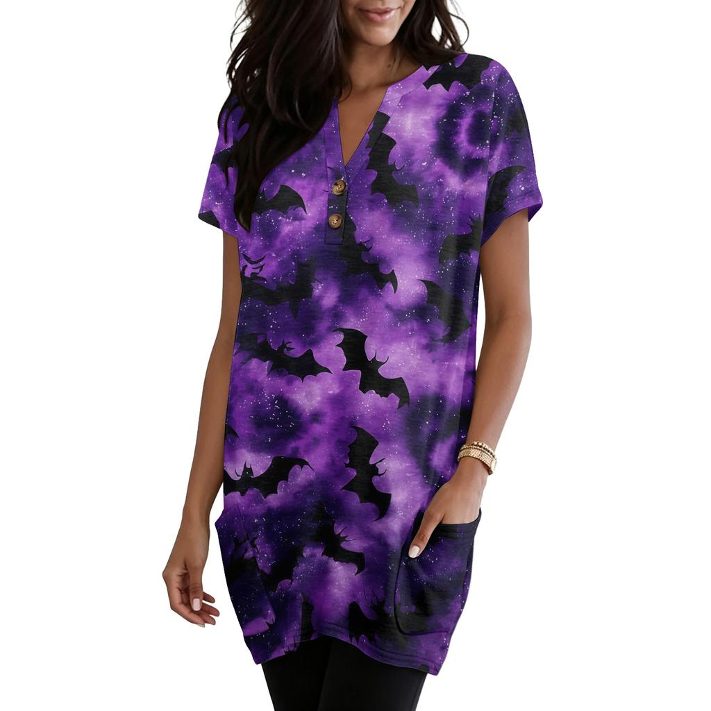 Women's V Neck Pullover Dress Halloween Print Short Sleeve Pocket Casual Loose Fit Tunic Dress