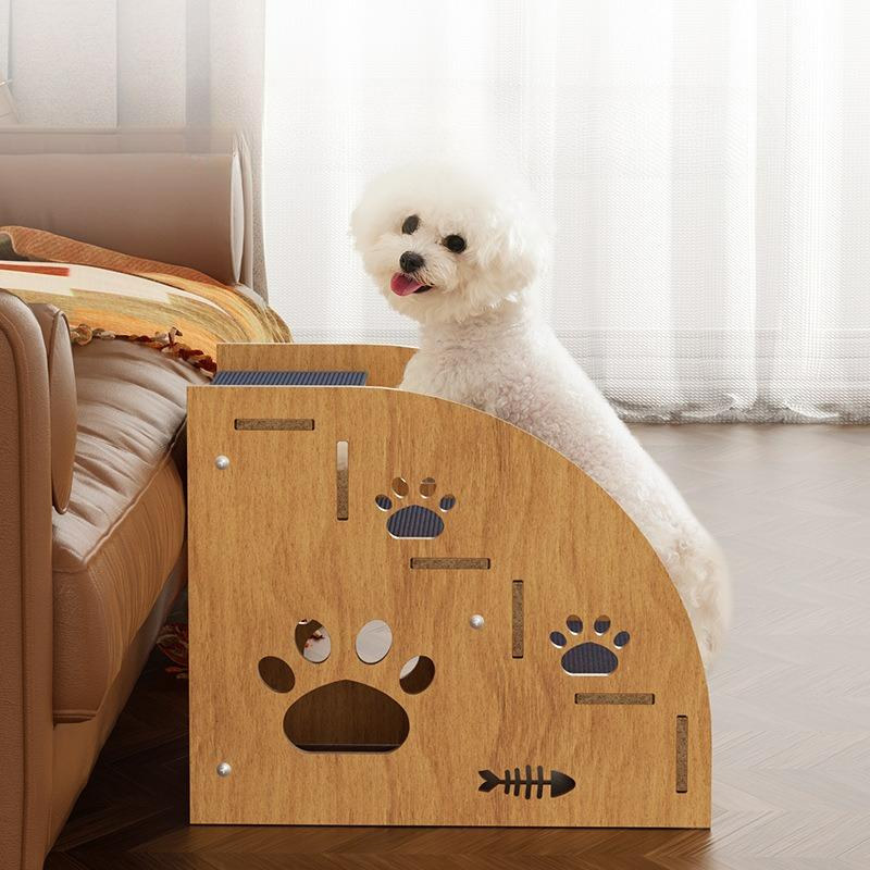 Wooden Dog Stairs Steps Non-Slip Blue Carpeted Steps Sturdy Pet Stairs Safe Pet Ladder Medium Dog Puppy Joint Safety Stairs