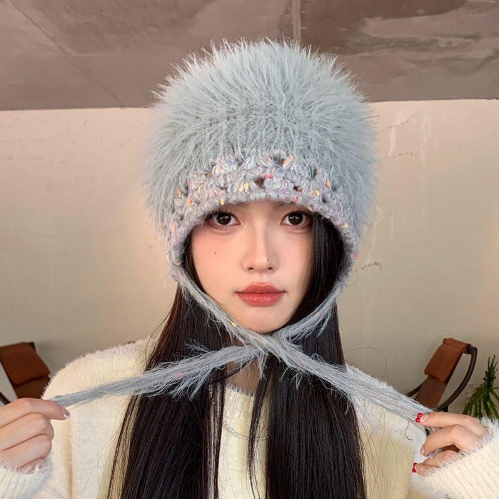 Mixed-color Straps Handmade Knitted Cap Ear Protection Winter Warm Cap  Women Girls Maiden
