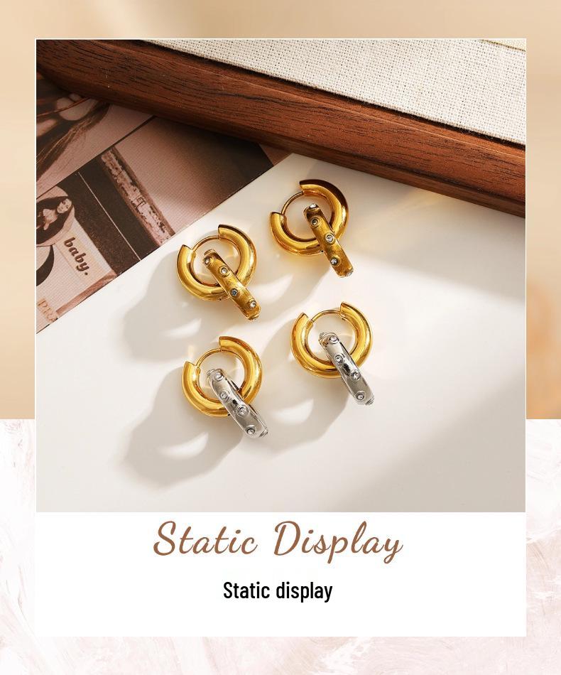 Women's Two-Tone Zirconia Double Circle Stud Earrings, Stainless and Titanium Steel, 18K Gold Plated, Waterproof
