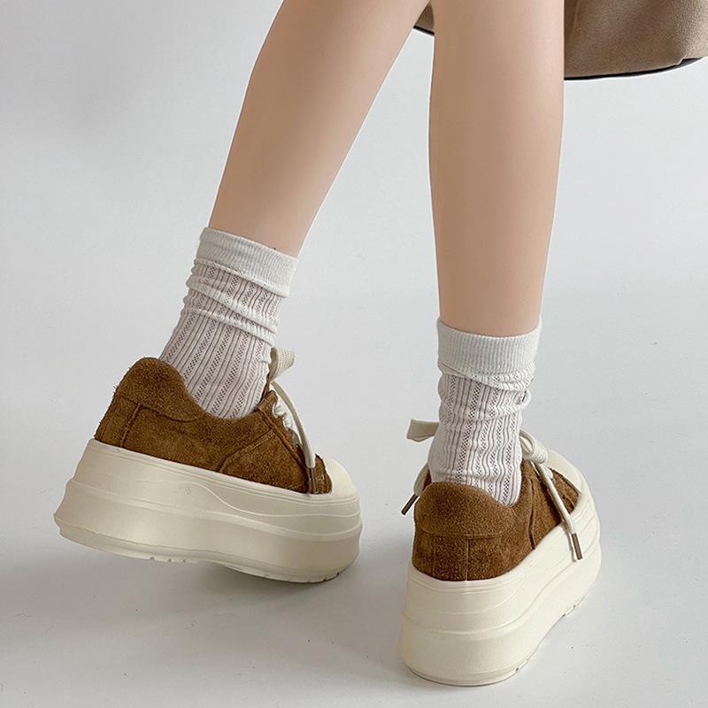 Fashion Versatile Round Head Thick Sole Heightening Commuter Suede Casual Shoes Women's 2025 Spring and Autumn New Big Head Thick Board Shoes