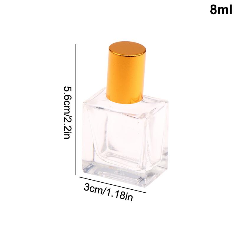 

8/10/15 мл Пустая прозрачная квадратная стеклянная бутылка для эфирных масел, стальной ролик, золотая крышка, массажная, для духов, роллер, флаконы для образцов 8ML