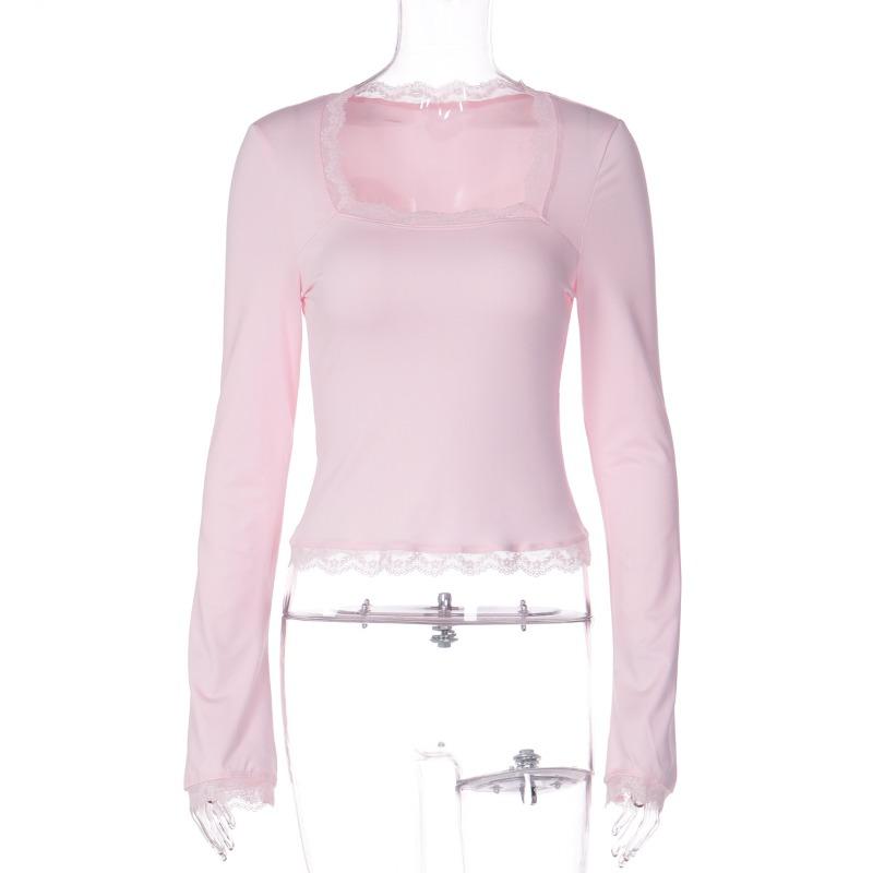 New Fashion Lace Square Neck Long Sleeve Women's T-shirt Spring Elegant Slim Fit Basic Versatile Women's Tee Top Street Solid Color Ladies T Shirts