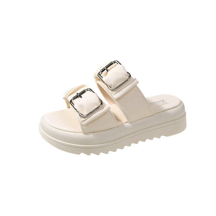 

Xiaoxiangfeng slippers women s summer wear fashion biscuits thick-bottomed beach metal buckle one-word slippers premium cool slippers 40