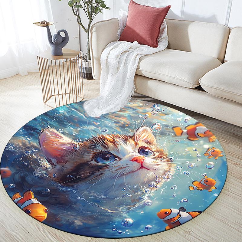 Kitten Clownfish Round Area Rug,Carpet Rug for Living Room Bedroom Sofa Playroom Decor,Non-slip Floor Mat