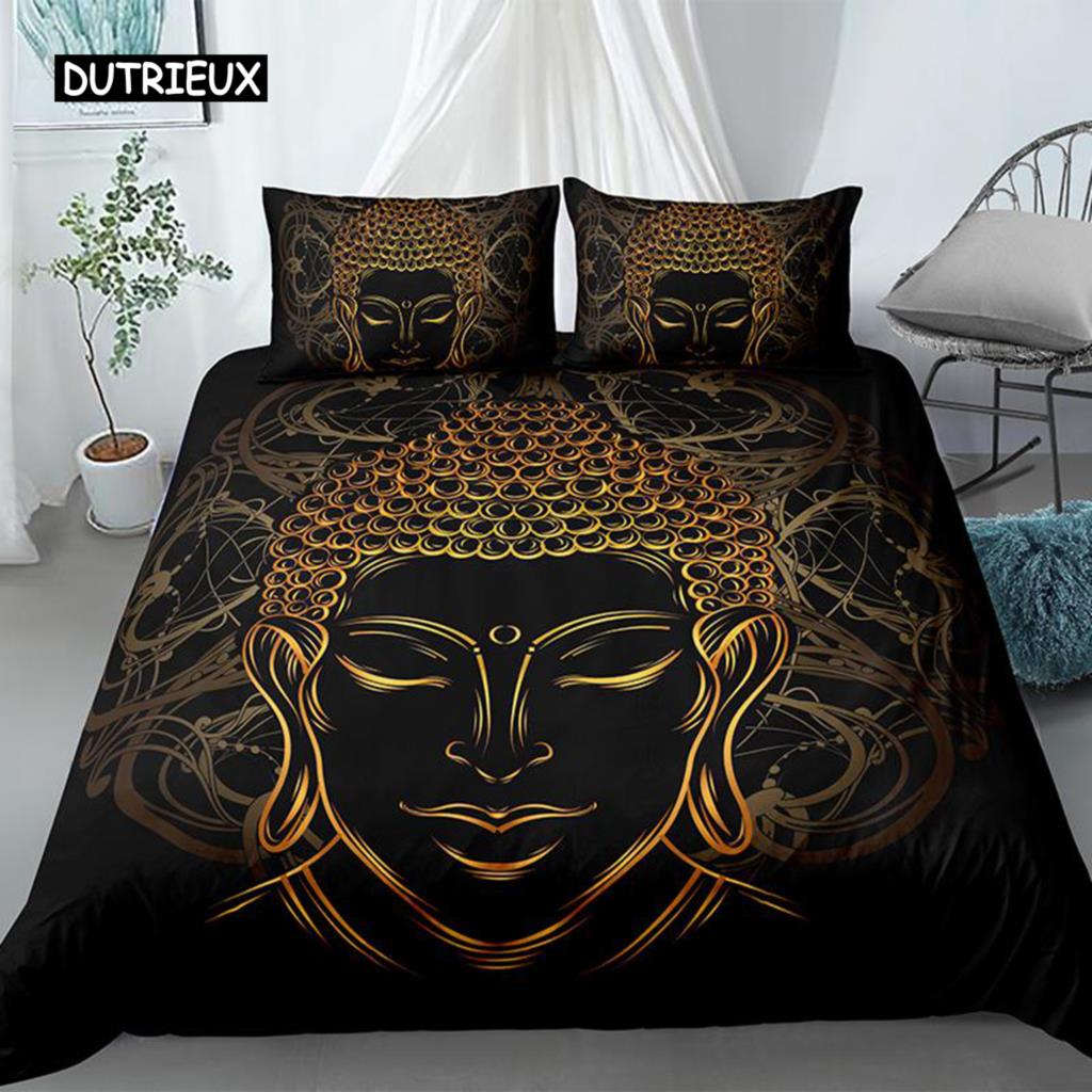 Zestaw poszwy na kołdrę Buddha Rozmiar King Egzotyczny Etniczny Bohemski Zestaw Pościeli Mikrofibra Nadruk Złotej Statuy Buddy Wspaniała Poszwa na Kołdrę