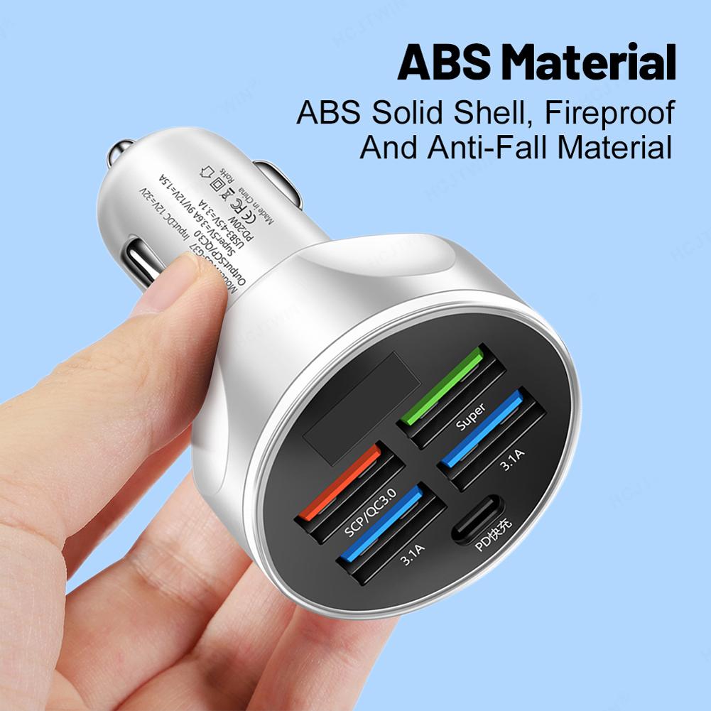 PD 5 in 1 QC3.0 Car Charger 12-24V Cellphone Adapter Digital display 4 USB Type C Fast Charging For iPhone Samsung Huawei Xiaomi
