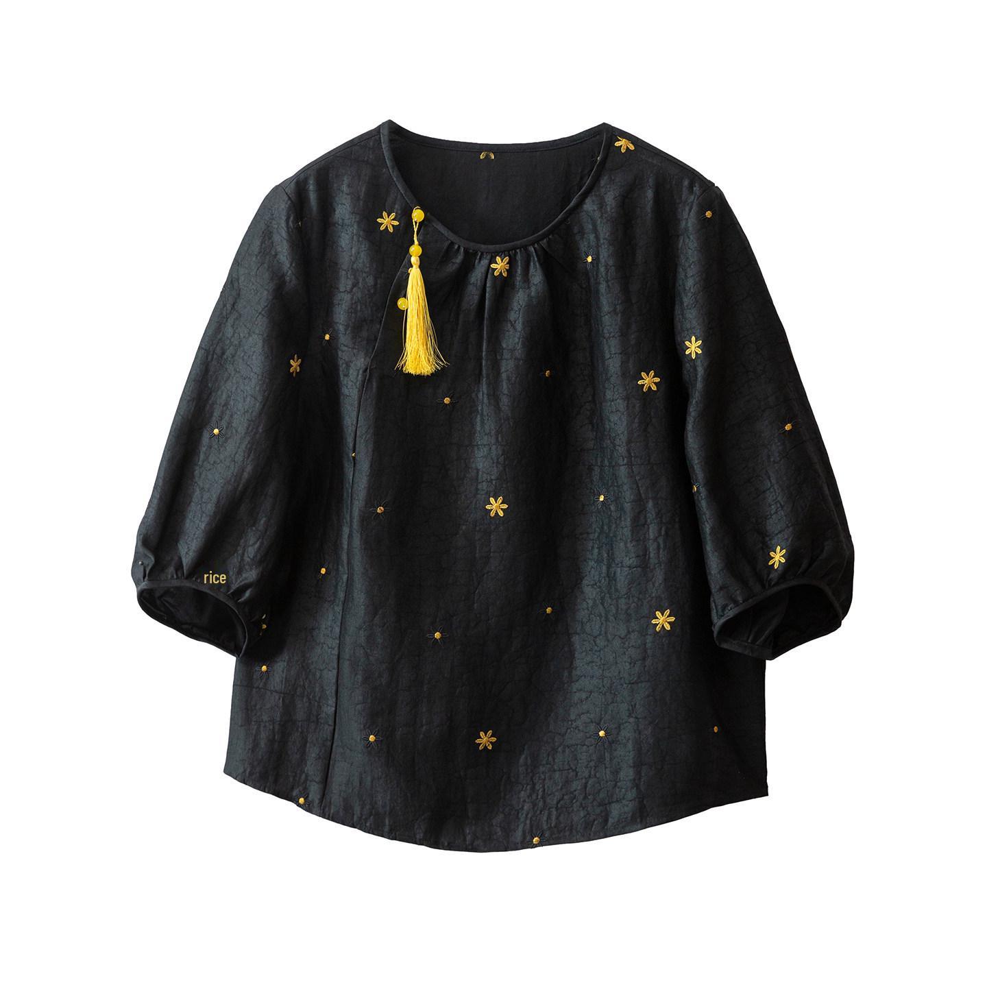 

Women s Spring Seven-Sleeve Silk Top with Crackle Pattern & Tassels XL чёрный