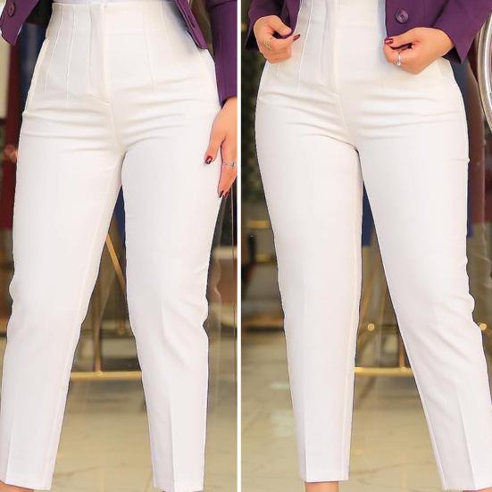 High Waist Pleated Pockets Ninth-Length Women Trousers Solid Color Straight Leg Suit Pants