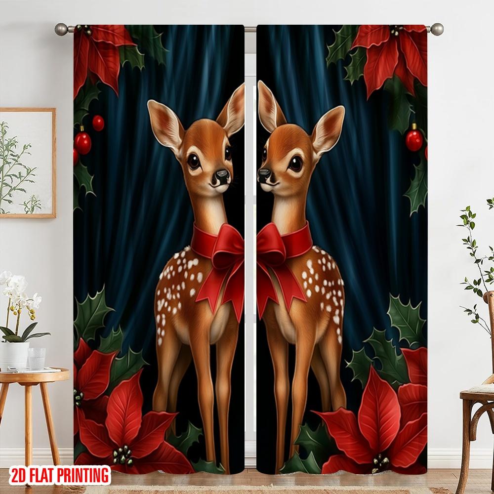 2pcs,2D Plane Printing Window Curtain Cute Fawns Christmas Poinsettias (2) Versatile 100% Polyester (without Rod) Home Decor for