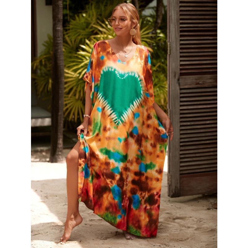 Damenmode Sommer Frühling Farbblockdruck Kurzarm V-Ausschnitt Lockere Taille Freizeitkleider