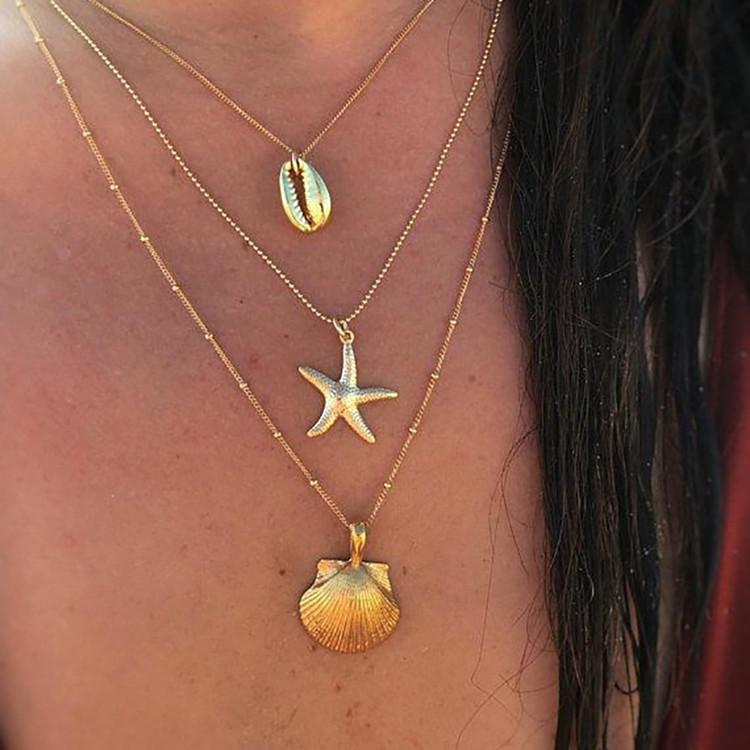 

Vintage Starfish Multi layer Necklaces & Pendants For Women Girl Gold Color Beach Style Choker Long Necklace BOHO Jewelry
