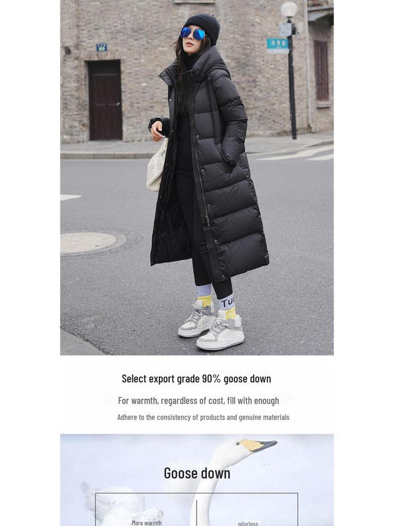 2024 Women's High-End Over-Knee White Goose Down Winter Coat