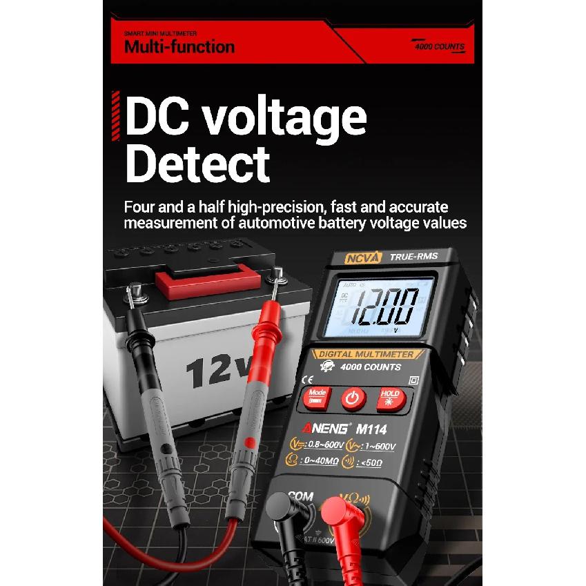 ANENG M114 Smart Multimeter 600V AC/DC Voltmeter 4000 Counts NCV Resistance Tester with Buzzer Data Hold Auto Shutdown