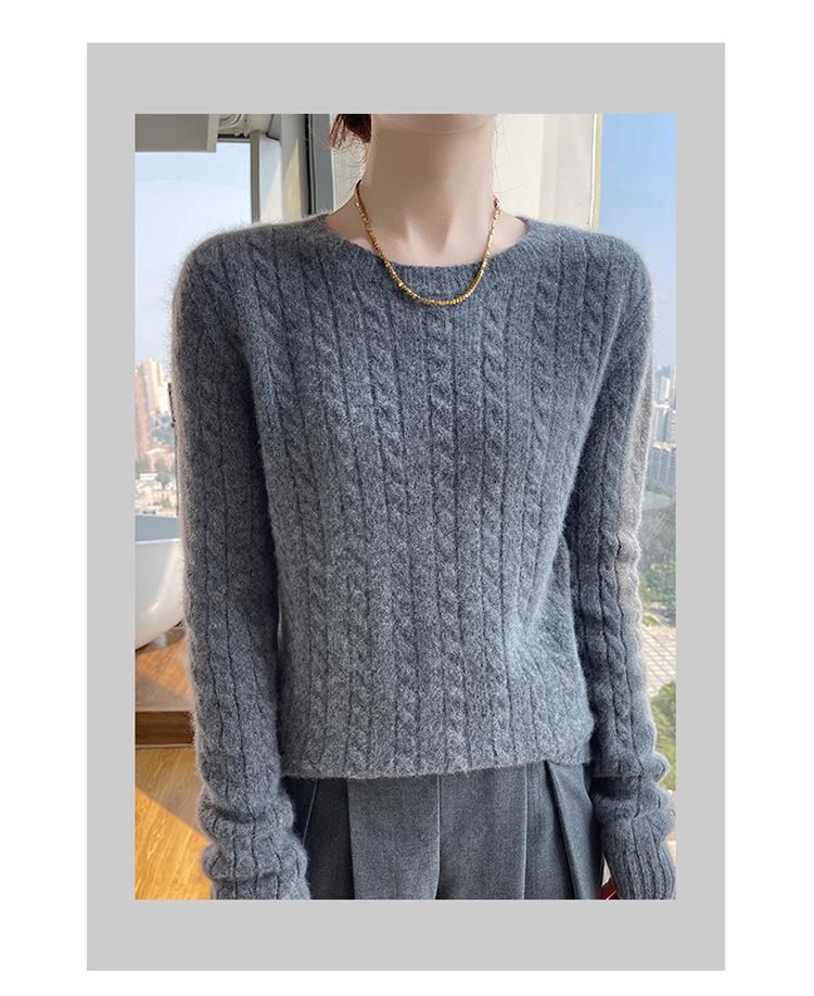Women's 100% Pure Wool Cable Knit Sweater – Autumn/Winter Loose Fit with Round Neck, Fashionable and Versatile Knit Base Layer.