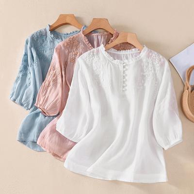 Women Summer Shirt O-neck Buttons Neckline Half Sleeve Shirt Tops Embroidered Floral Pattern Loose Fit Shirt