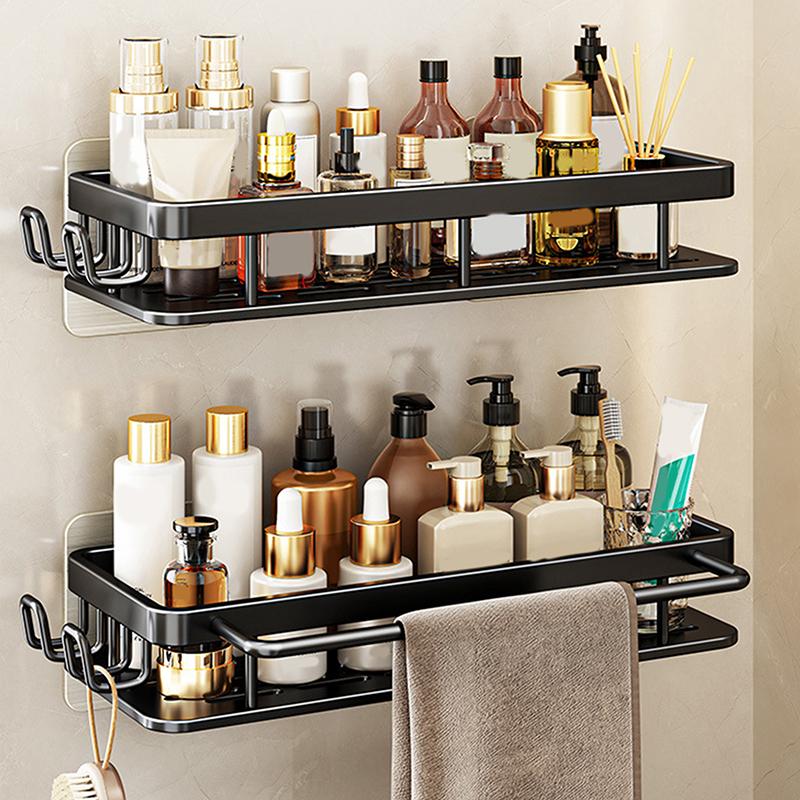 Aluminum Shower Caddy, Adhesive Shower Shelves, 2-Pack With Hooks And Rod For Towels, Wall Mount Rustproof Organizer