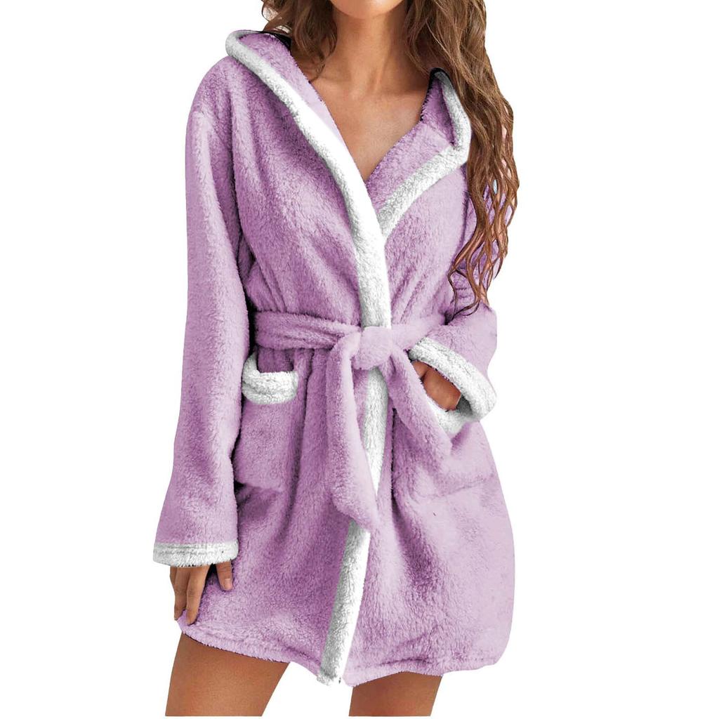 2026 Winter Warm Robe Hooded Fleece Pajamas Plush Sleepwear Flannel Bathrobe for Women