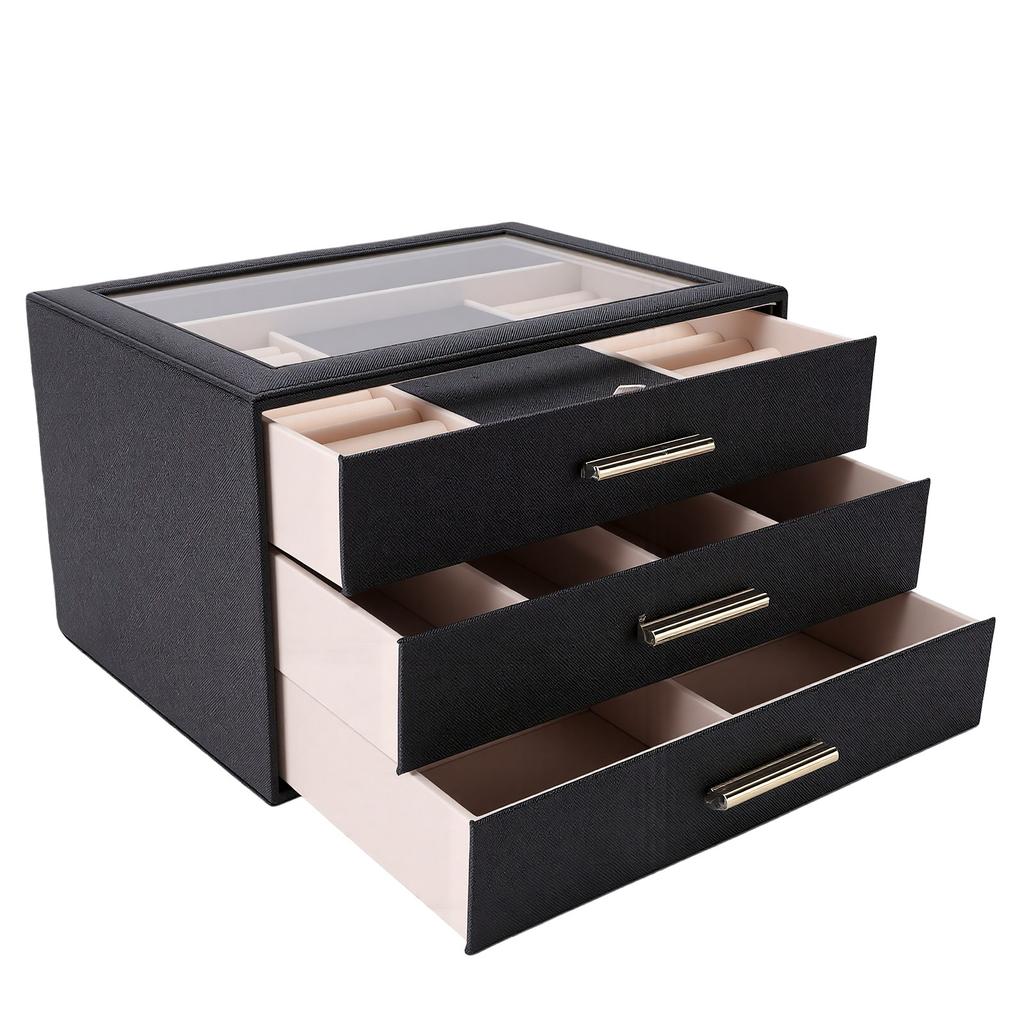3 Layer Jewelry Box PU Leather Velvet Lining Jewelry Organizer Box with Clear Top Window for Ring Necklace Earring