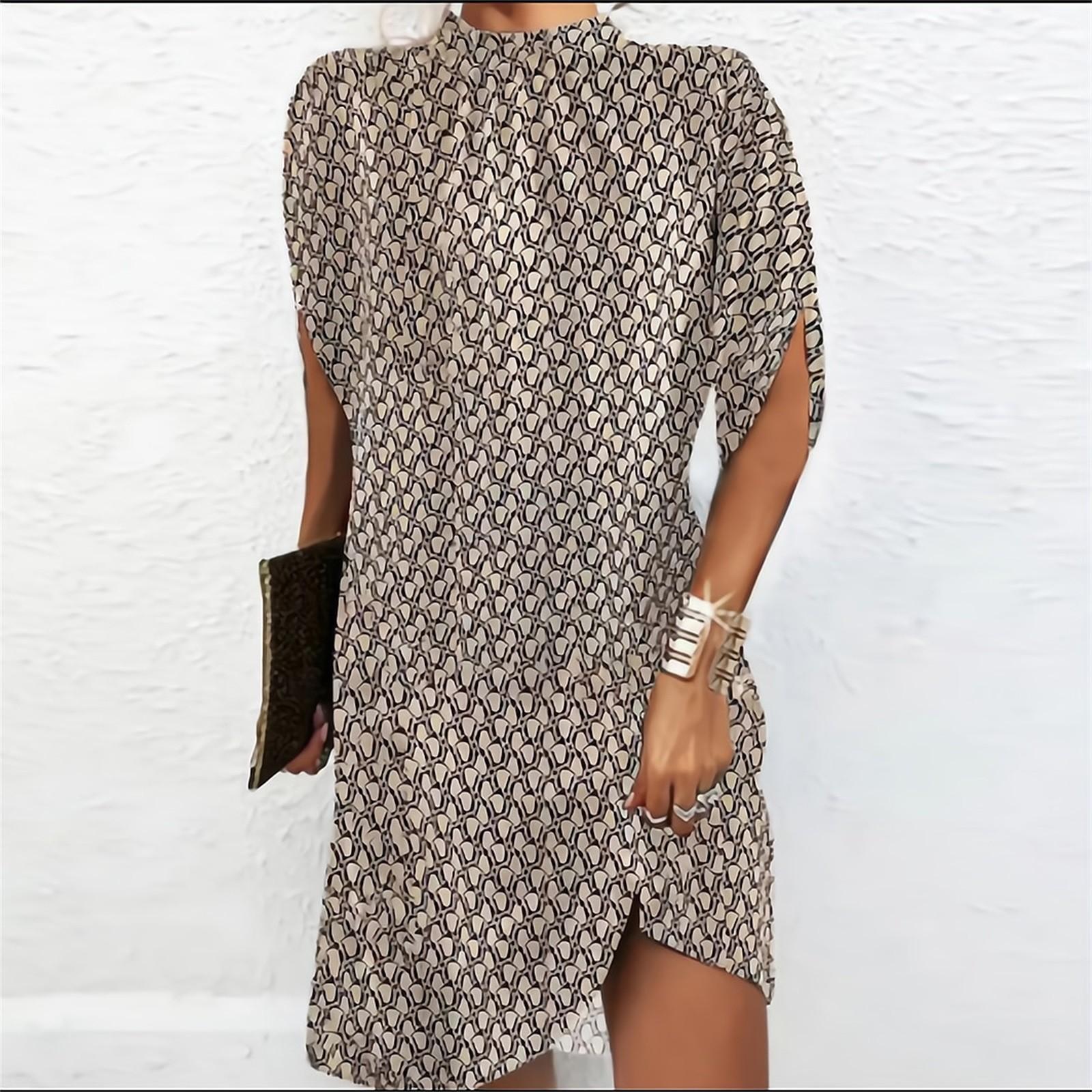 Women s Casual Color Printed Slim Fit Round Neck Half Sleeve Dress XXL