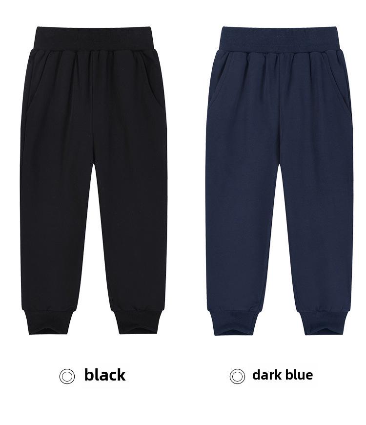 Tmavě modré školní sportovní kalhoty z čisté bavlny pro žáky prvního stupně - chlapci a dívky, volný střih, letní kalhoty.