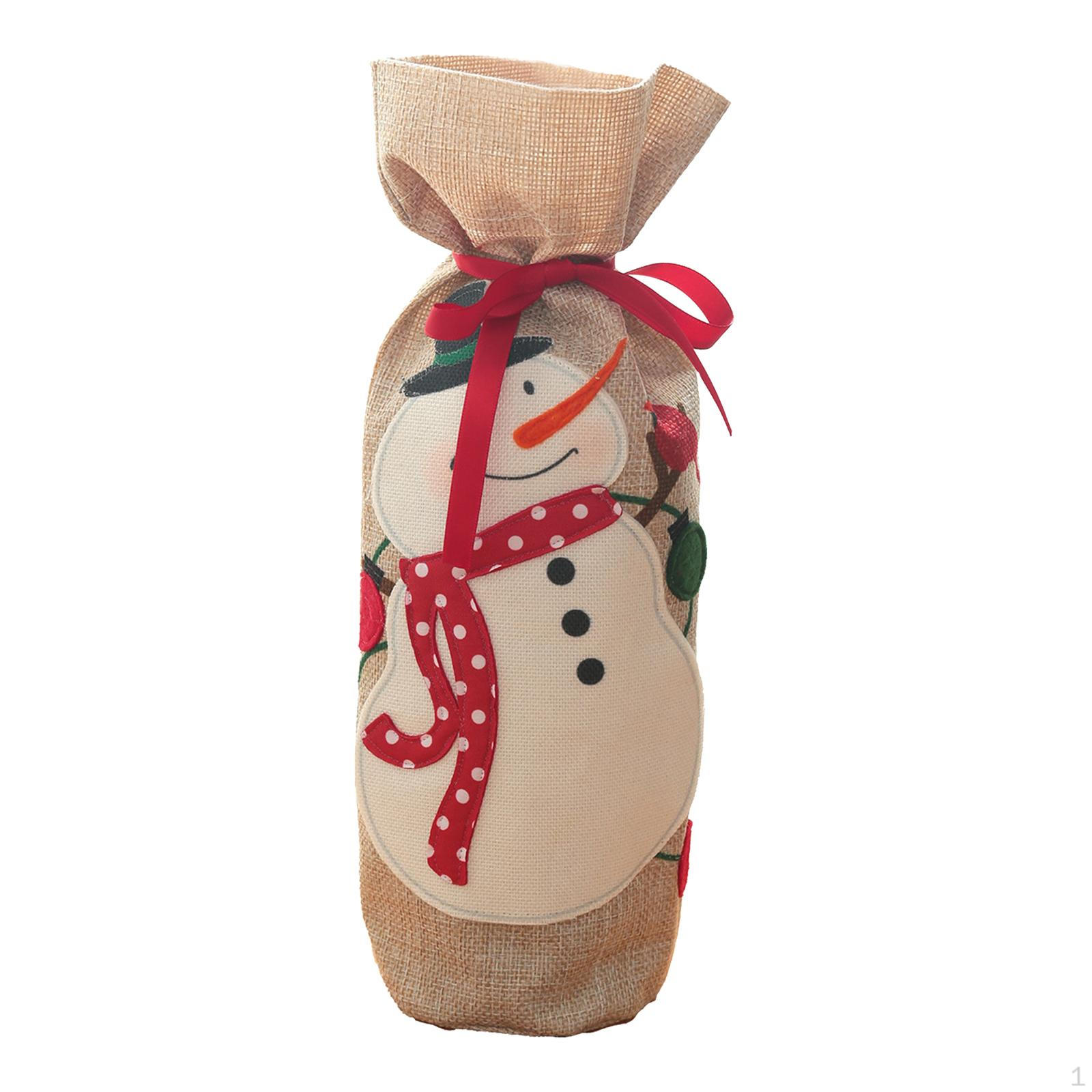 Christmas Bottle Bags Burlap Sack Drawstring Reusable for Holiday Xmas Snowman