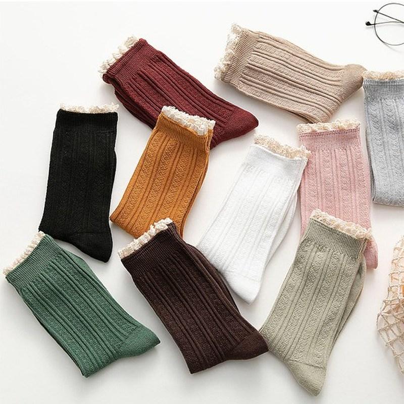 Lacework Ruffles Socks Solid Cotton Breathable Harajuku Vintage Streetwear Crew Sock Japanese Kawaii Cute Women's Socks