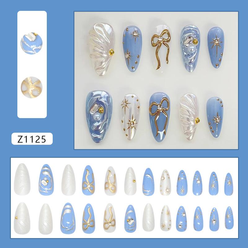 

Океанский синий позолоченный бант Астральный гофрированный темперамент Съемный нейл-арт 24 штуки