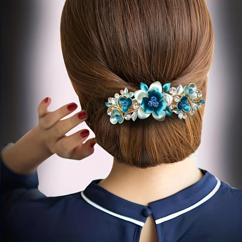 Single Bohemian Floral Rhinestone Hair Clip Large Rectangular Hairpin with Multicolor Enamel Flowers, Sparkling Crystals Golden Tone Accents for Women
