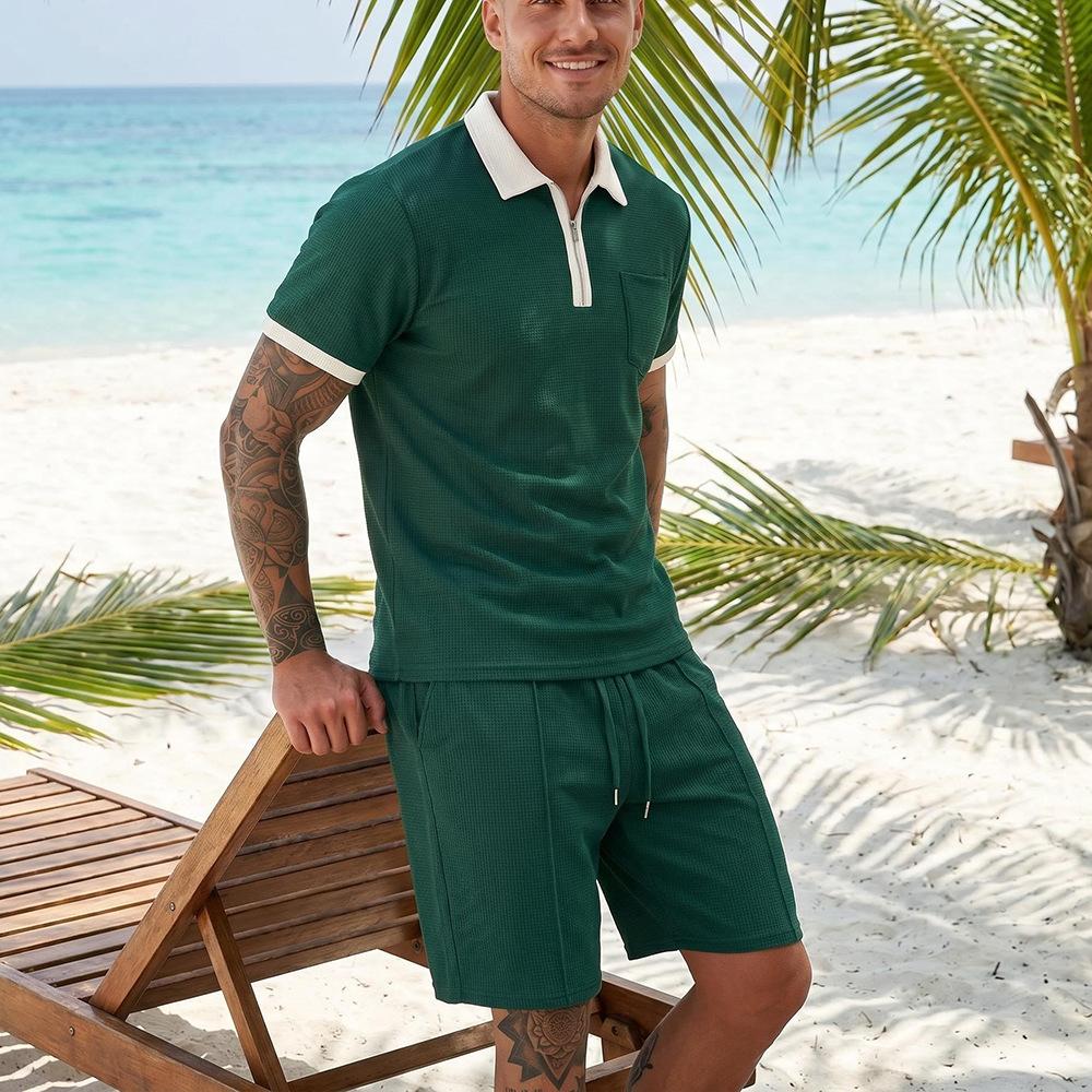 Mens Waffle Collared Polo Short Sleeve Shorts Casual Beach Vacation Set