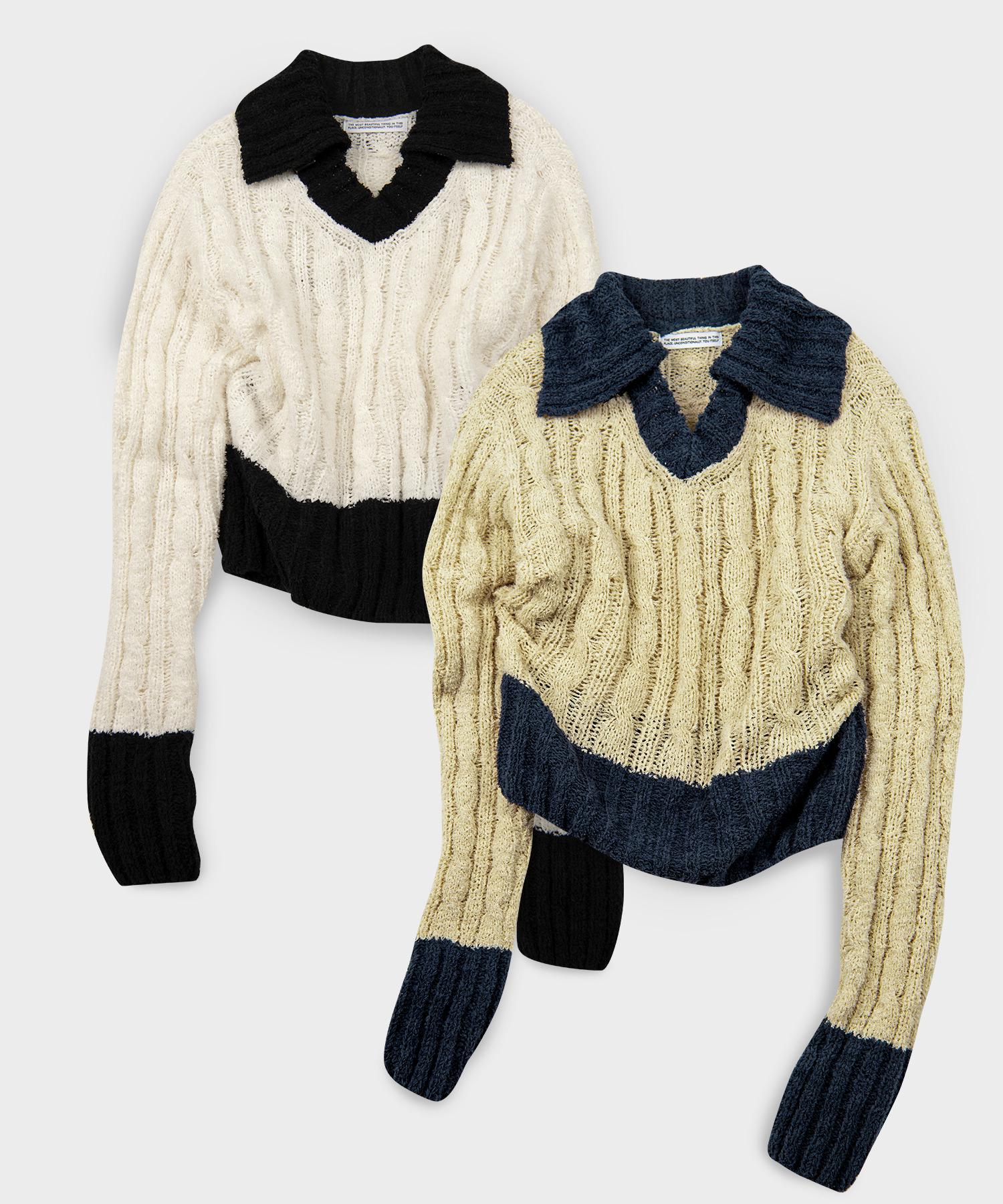 Place Studio Soft Boucle V-Neck Cable Contrast Knit Pullover Sleeve Blue/Free
